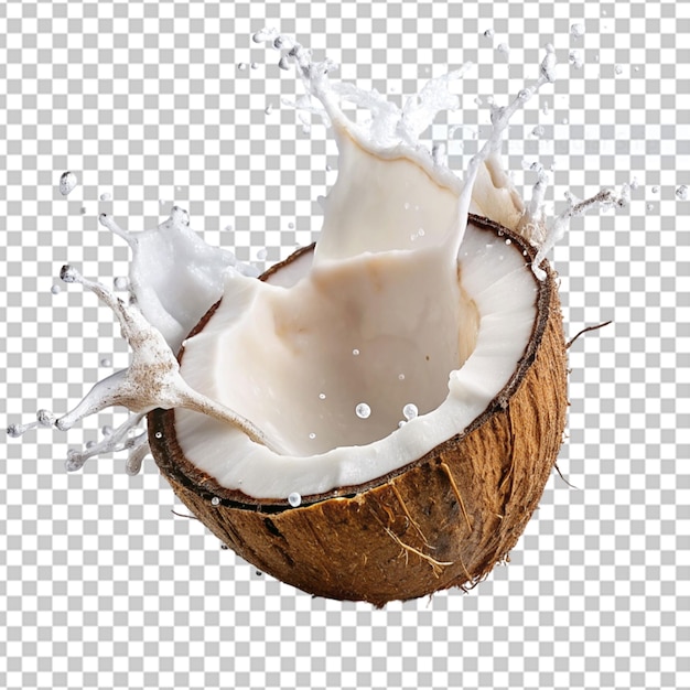 Fresh coconut with leaves and juice splash isolated on alpha layer png