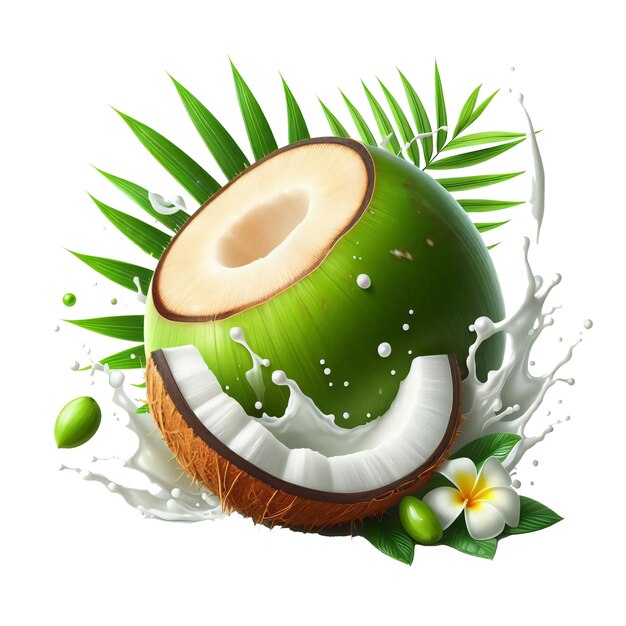 PSD fresh coconut with leaves and juice splash isolated on transparent background