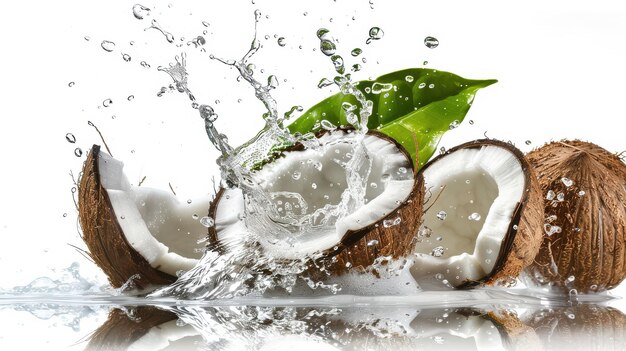 PSD fresh coconuts splashing into water with vibrant green leaves in a highquality composition on a bright surface