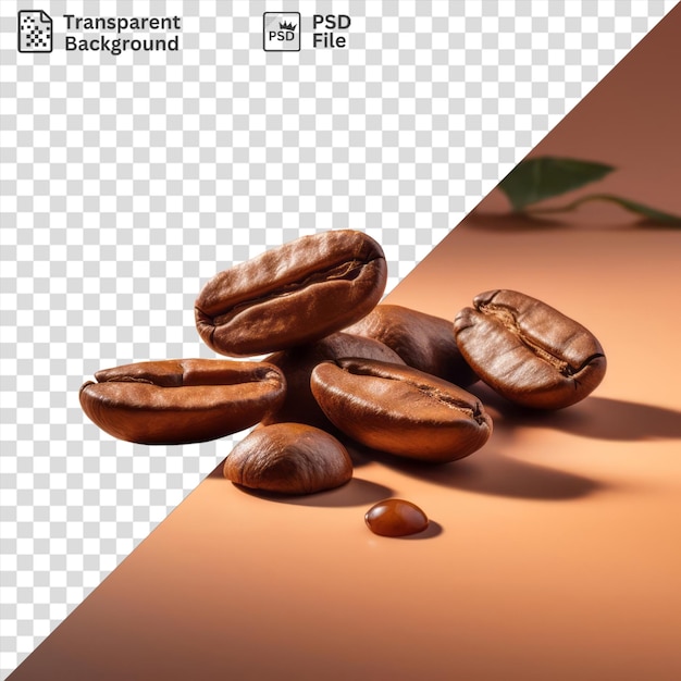 fresh coffee beans and a green leaf on a table with a dark shadow in the background