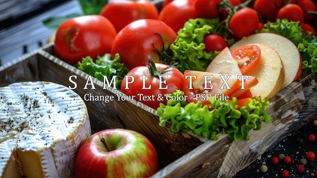 Fresh and Colorful Vegetables and Cheese in a Wooden Crate