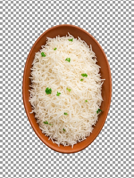 Fresh cooked white basmati rice on a tray with transparent background