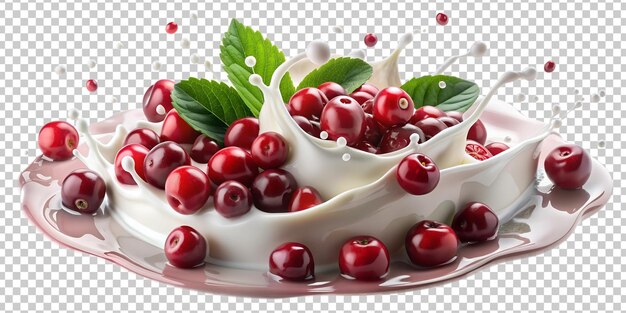 Fresh cranberries splashing in milk with green leaves PNG isolated transparent