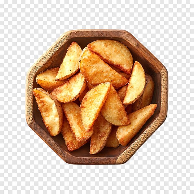 PSD fresh crispy american potato wedges deep fried and shown on a transparent background