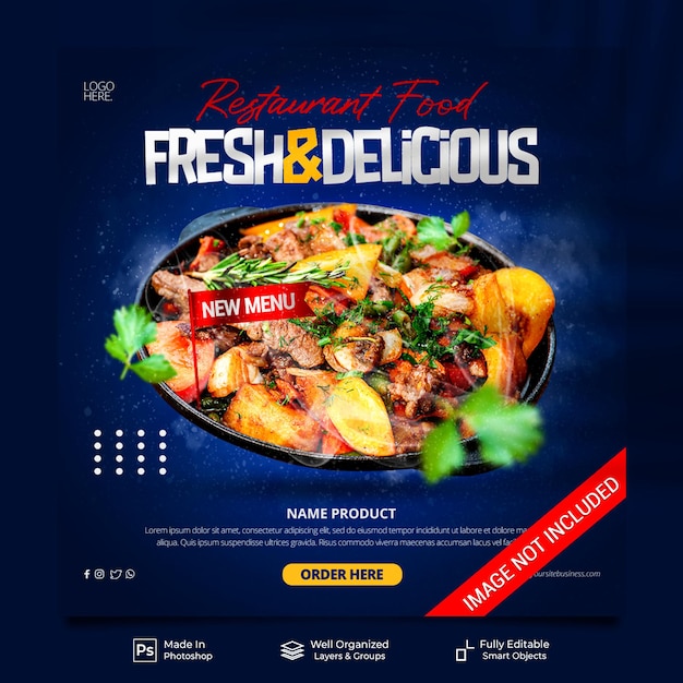 Fresh cuisine and delicious food new menu restaurant for social media post feed banner template