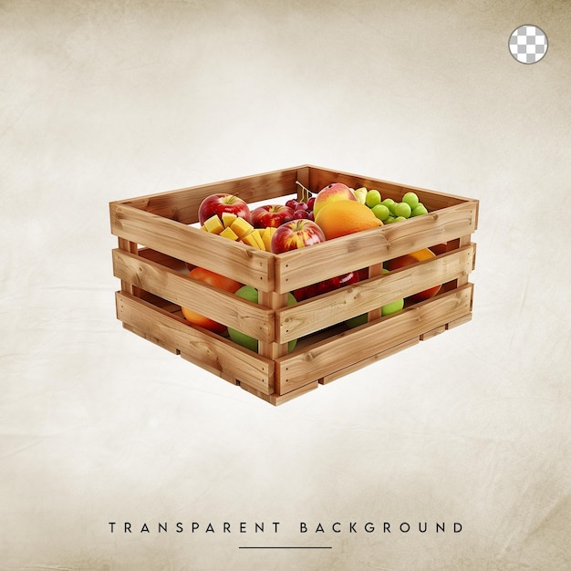 Fresh Fruit in Wooden Crate isolated on transparent background