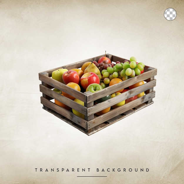 PSD fresh fruit in wooden crate isolated on transparent background