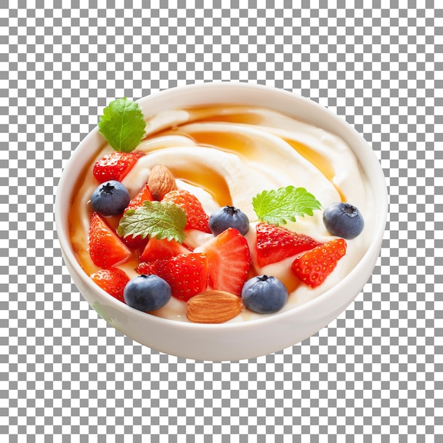 Fresh fruits in yogurt bowl with caramel isolated on transparent background