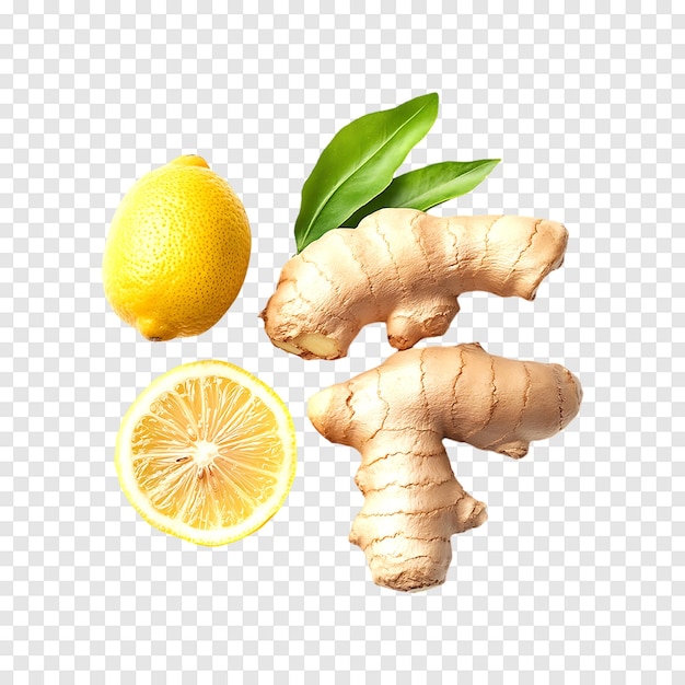 Fresh Ginger with lemon piece isolated on a transparent background