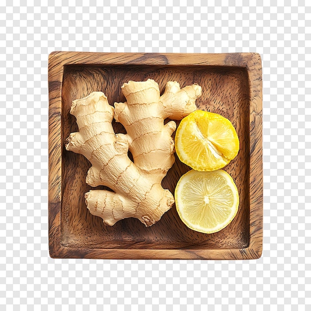 PSD fresh ginger with lemon piece isolated on a transparent background