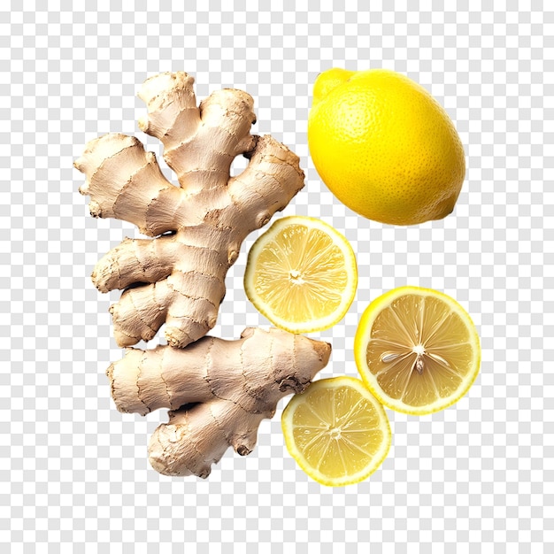 Fresh Ginger with lemon piece isolated on a transparent background