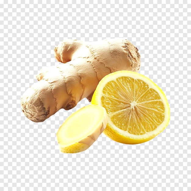 Fresh Ginger with lemon piece isolated on a transparent background