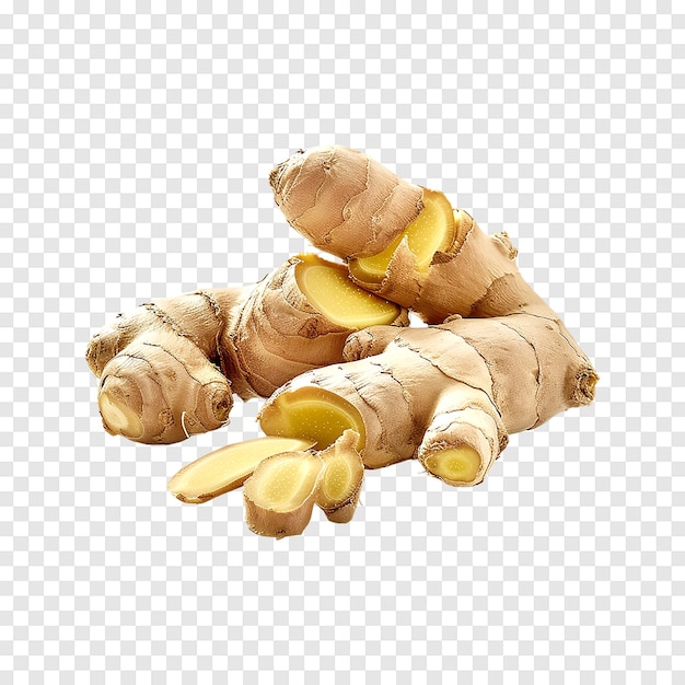 Fresh gingers rhizome with sliced are isolated on a transparent background Generative AI