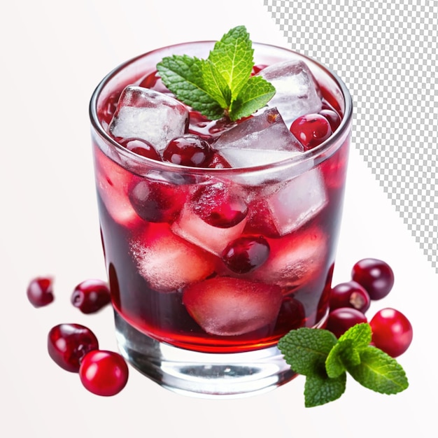 PSD fresh glass of cranberry cocktail with ice on transparent background