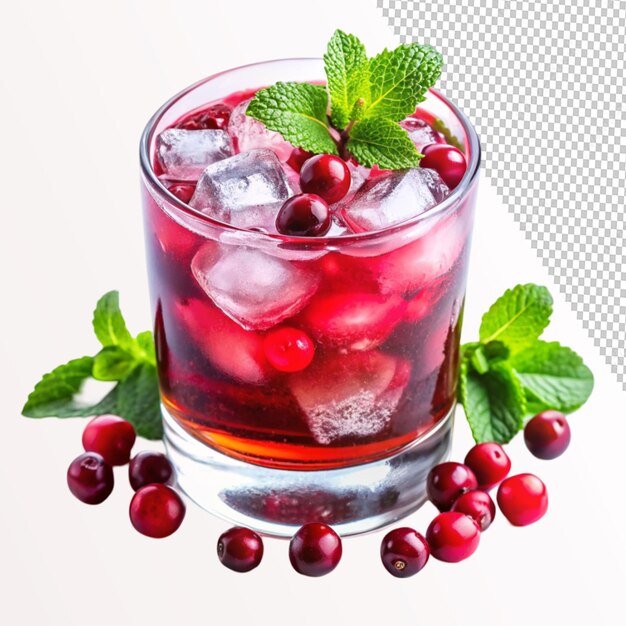 PSD fresh glass of cranberry cocktail with ice on transparent background