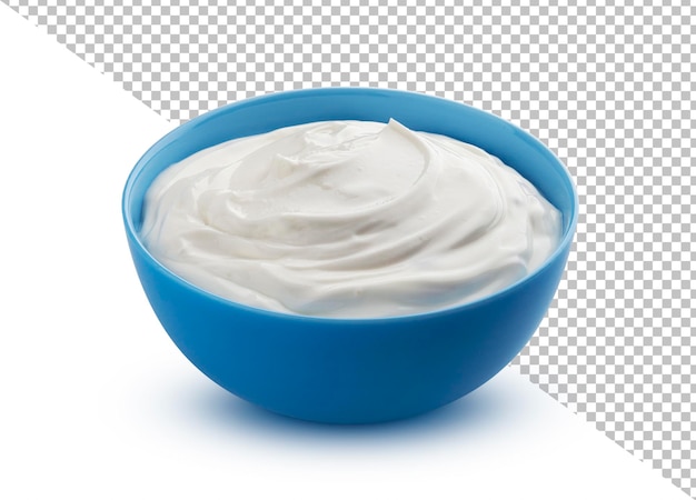 Fresh greek yogurt in blue bowl isolated