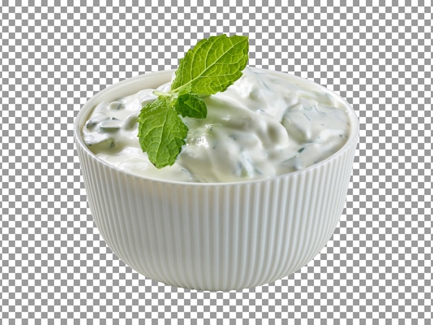 Fresh greek yogurt with mint leaf in a white bowl isolated on transparent background