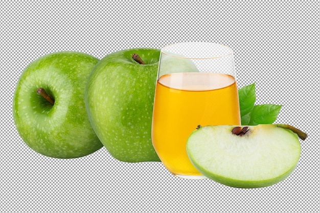 Fresh green apple and apple juice isolated on a transparent background