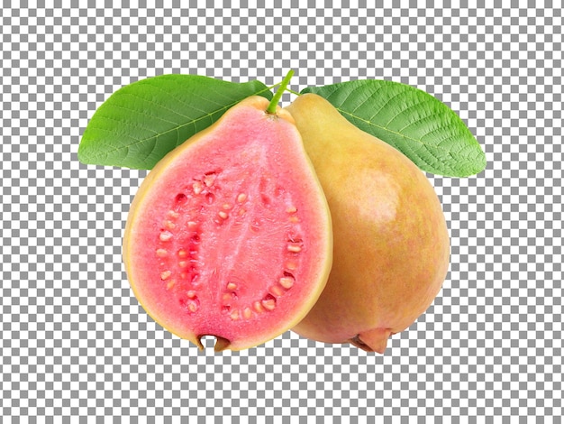 Fresh guava fruit with half cut and leaf on transparent background