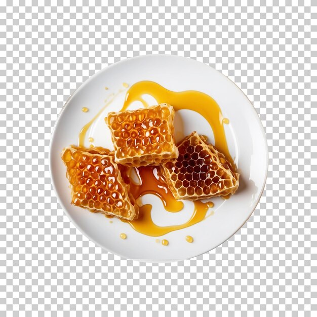 PSD fresh honeycomb with honey and cream on a plate isolated on a transparent background