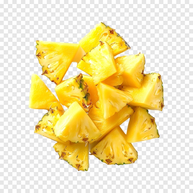 Fresh juicy pineapple pieces isolated on a transparent background