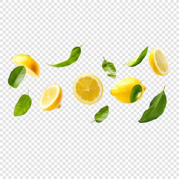 Fresh lemon fruit whole and slices with leaves and drops falling flying isolated on transparent background