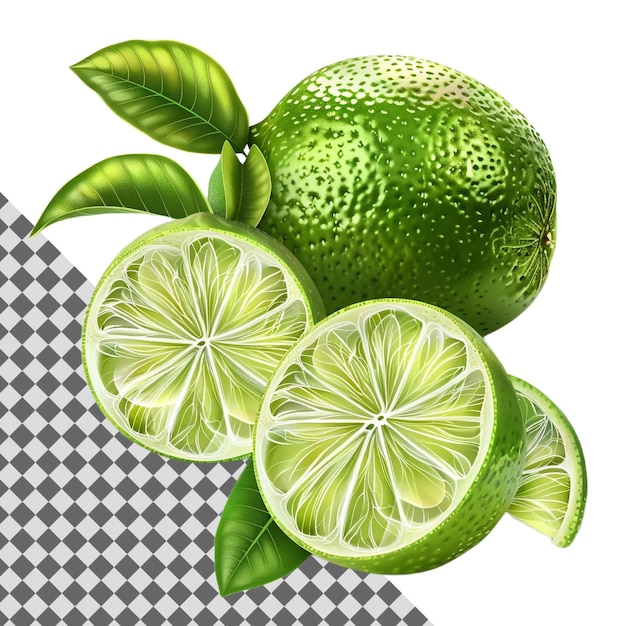 PSD fresh limes with a vibrant green leaf isolated on a transparent background