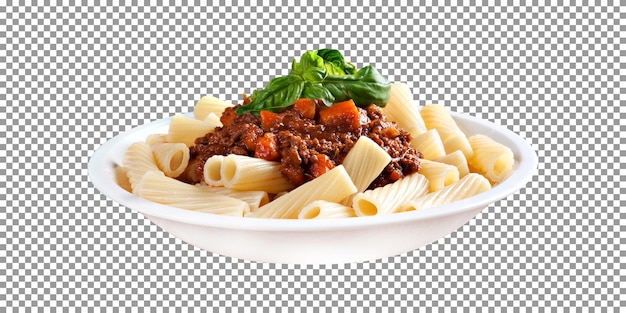 Fresh macaroni bolognese side view isolated on transparent background