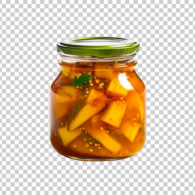 Fresh mango pickle in glass jar isolated on transparent background