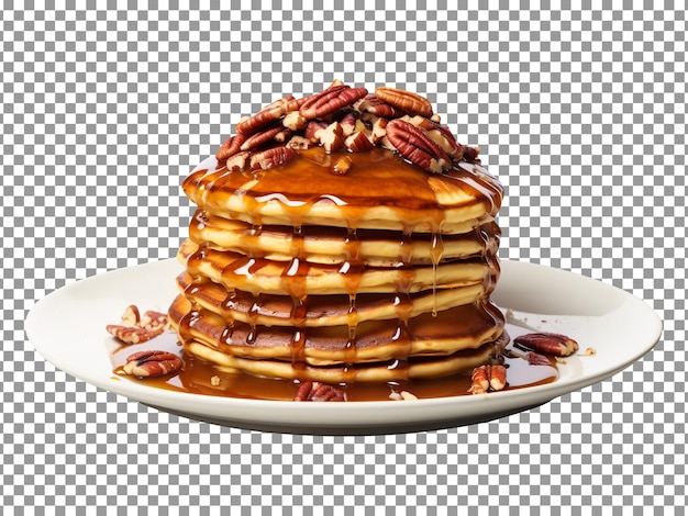 Fresh maple pecan pancakes stack isolated on transparent background