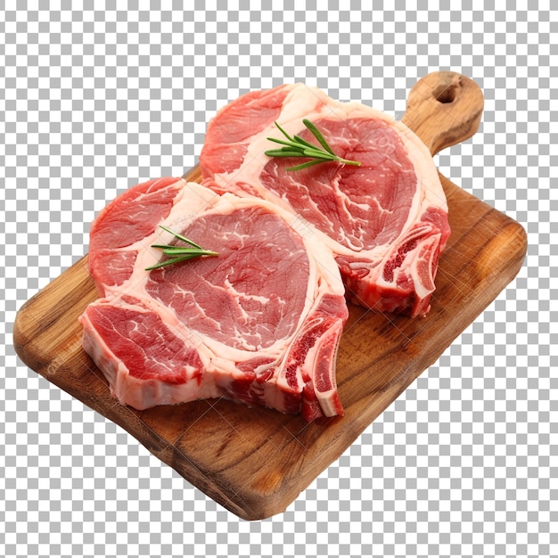 Fresh meat on wooden board png isolated on transparent background