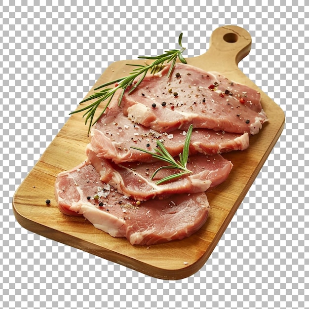 Fresh meat on wooden board png isolated on transparent background