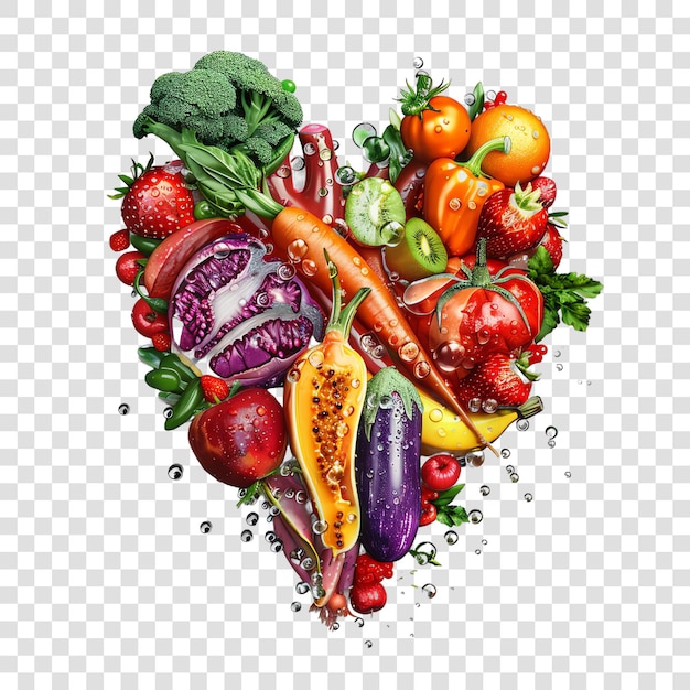 PSD fresh mixed vegetable and fruits in a heart realistic vegetable h isolated on transparent background