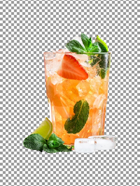 Fresh mojito cocktail with a lime slice and strawberry slice on transparent background