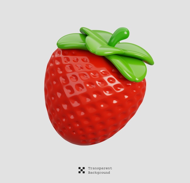 Fresh one strawberry with green leaves isolated Cartoon fruits icon 3d render illustration