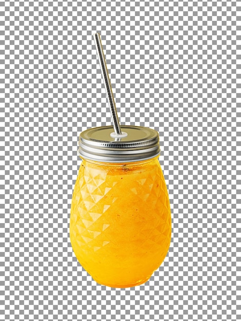 Fresh orange juice in glass with silver cap on transparent background