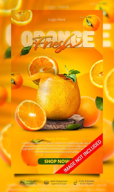 Fresh orange juice summer drink menu for promo social media instagram post stories banner template