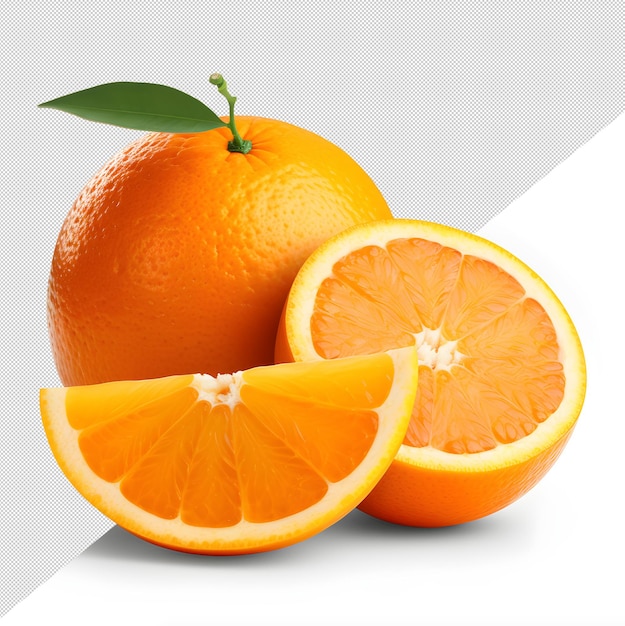 fresh oranges and sliced oranges with green leaves on white background