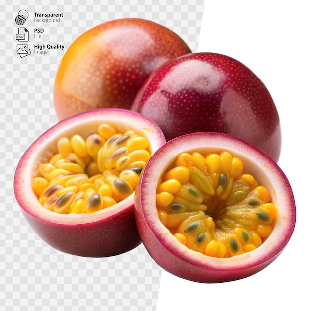 Fresh Passion Fruit Whole and Halved on Transparent Background