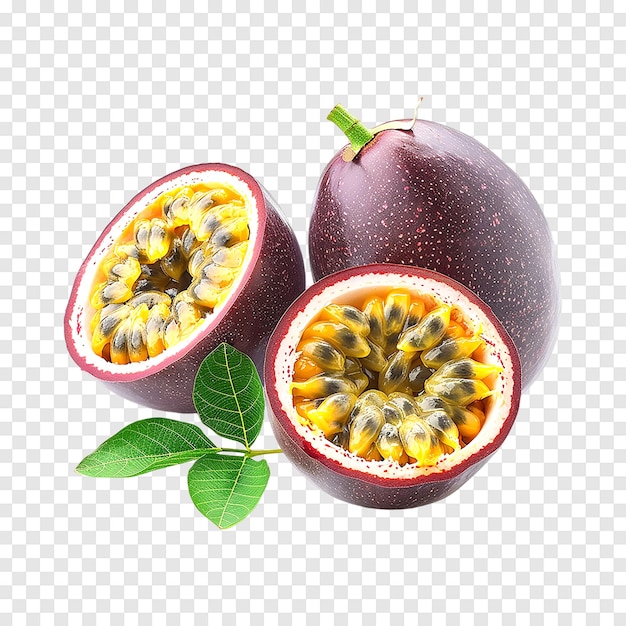 Fresh passion fruits and slice are isolated on a transparent background Generative AI