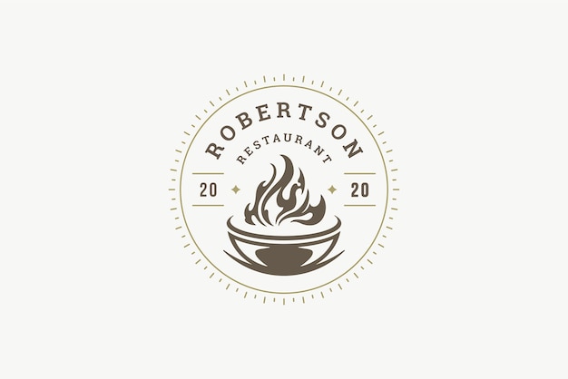 Fresh prepared meal bowl burning fire flame premium restaurant vintage logo design template