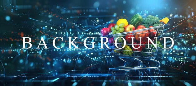 PSD fresh produce in a shopping cart with futuristic background