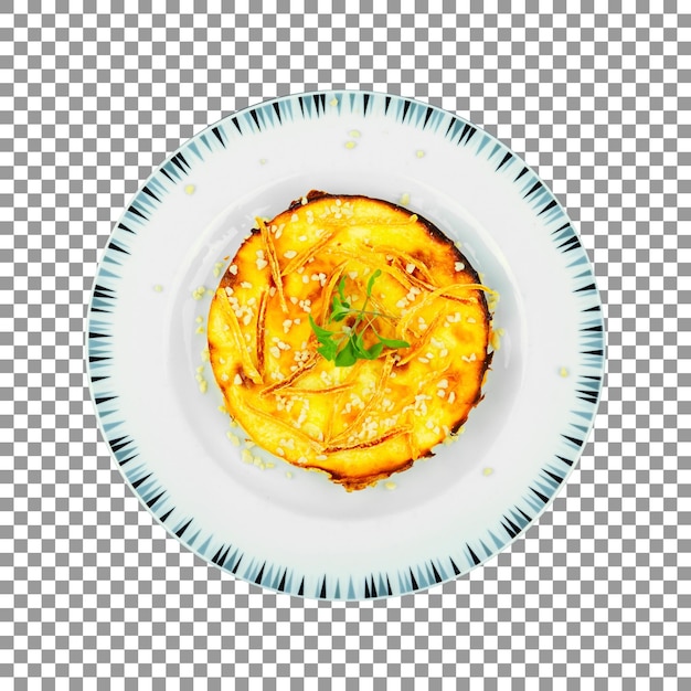 Fresh pumpkin cottage cheese casserole pie on plate with transparent background