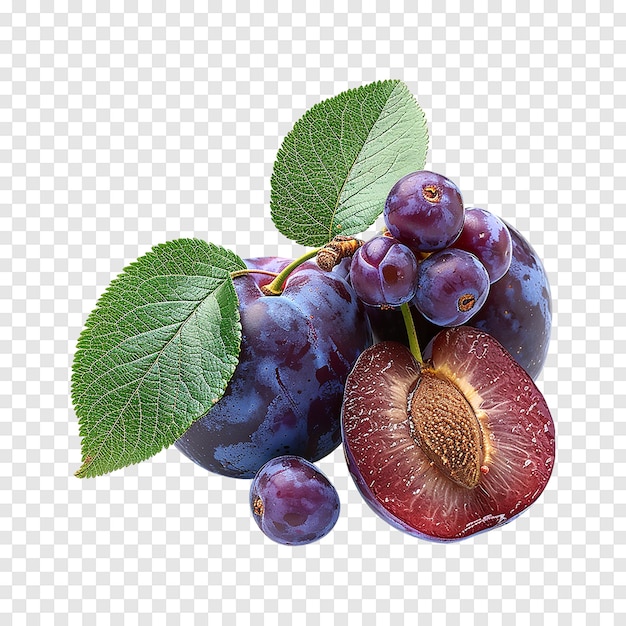 PSD fresh purple plum and half with leaves isolated on a transparent background