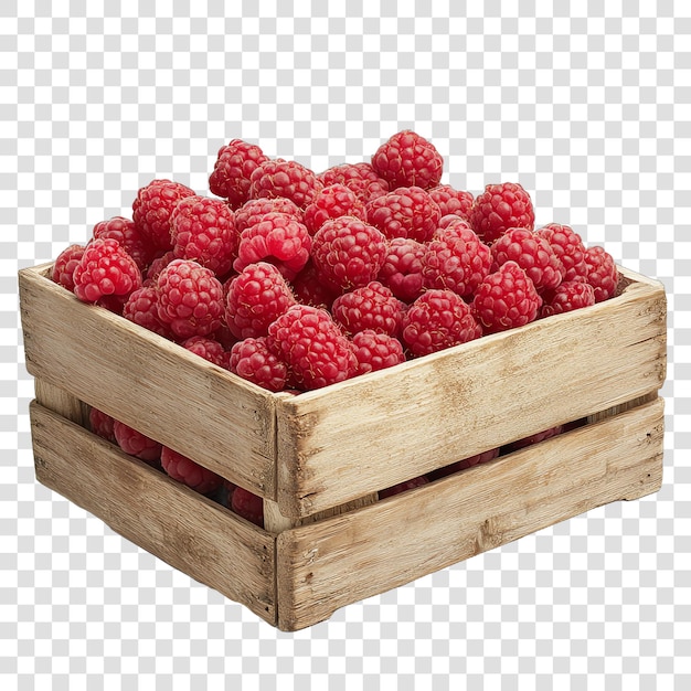 PSD fresh raspberries in crate isolated on a transparent background