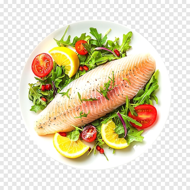 Fresh raw tilapia fish fillet with lemon and salad on a clear background for culinary photography