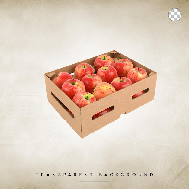 Fresh Red Apples in Wooden Crate isolated on transparent background