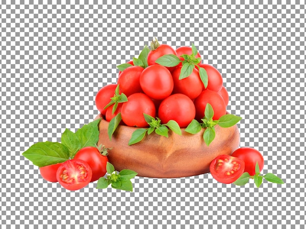 Fresh red cherry tomatoes with a basil leaves in wooden bowl with transparent background