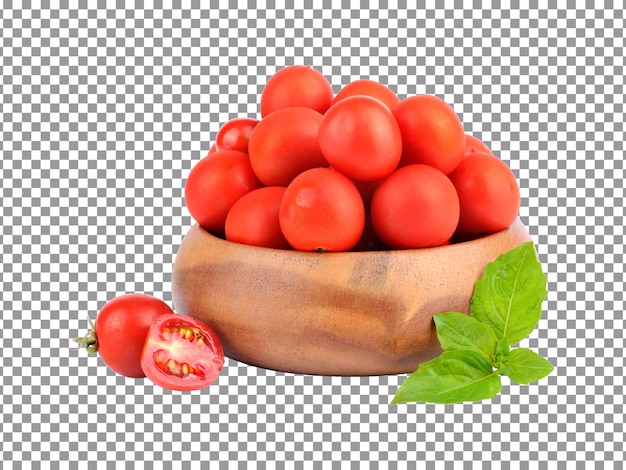 Fresh red cherry tomatoes with a green leaf in wooden bowl with transparent background