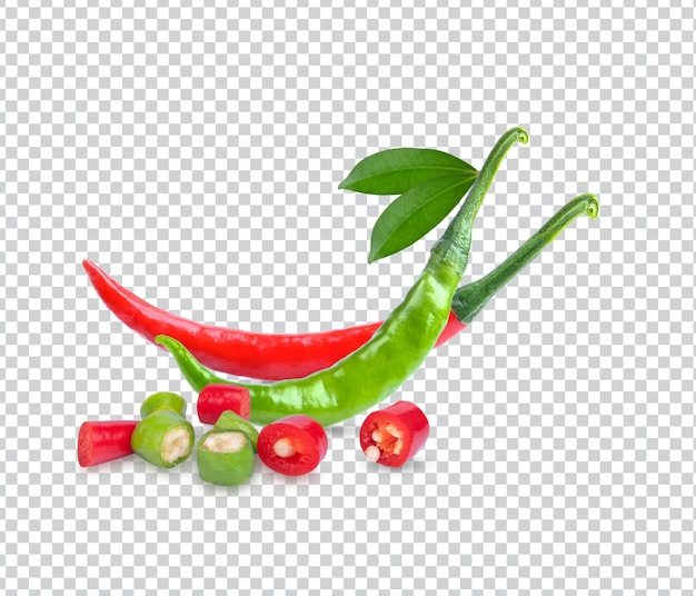 Fresh red green chillis with lesves isolated on white background